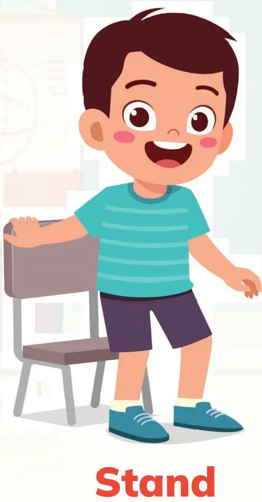 Niño sentado en una silla con la etiqueta 'Sit' en azul.