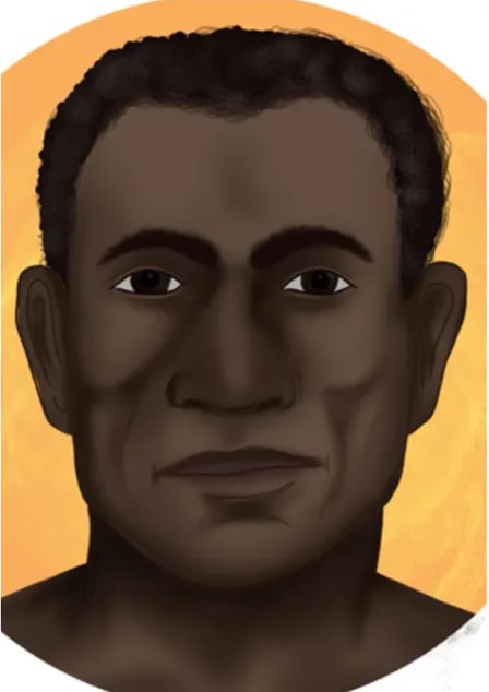 Ilustración de dos líderes afrodescendientes con cuellos blancos y ropa de la época en un paisaje montañoso con un palenque.