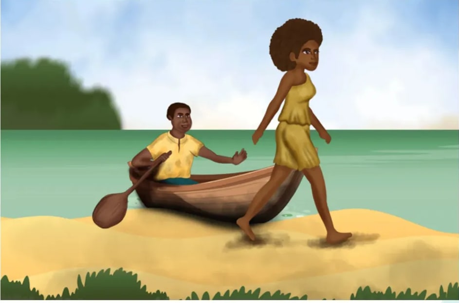 Ilustración de una mujer afroecuatoriana caminando junto a una canoa con un pescador en la orilla del río o mar, con vegetación en el fondo.