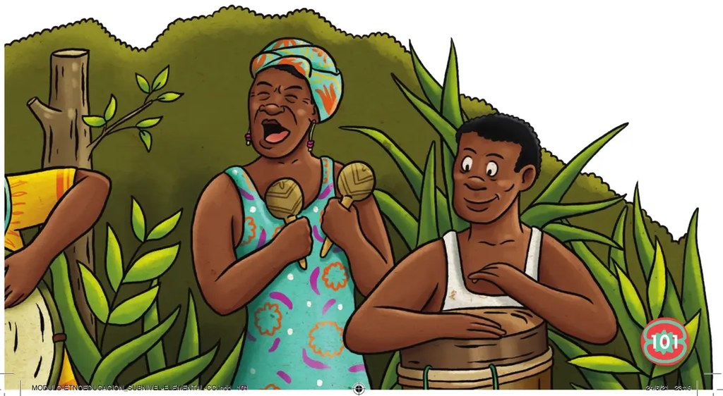 Ilustración a color: una mujer afroesmeraldeña con turbante azul-naranja y vestido turquesa, sacudiendo maracas y cantando; junto a ella, un joven con camiseta blanca tocando un cununo. Fondo selvático verde.
