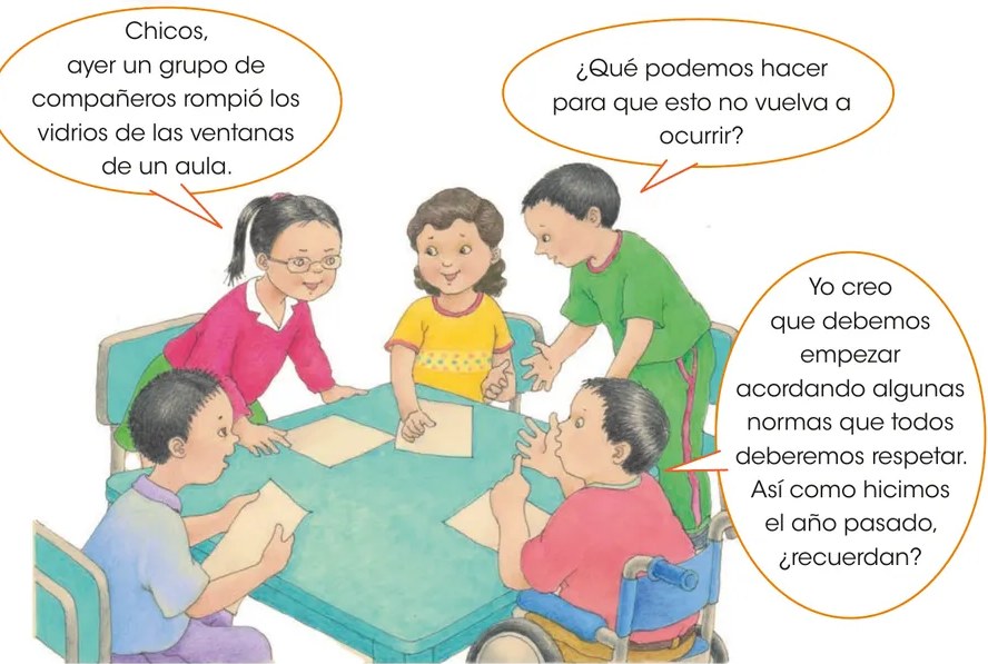 Ilustración a color de cinco estudiantes de primaria sentados alrededor de una mesa rectangular, en actitud de diálogo grupal. Uno de ellos usa silla de ruedas. Tres bocadillos de diálogo muestran la conversación sobre el incidente de las ventanas rotas y la propuesta de establecer normas.