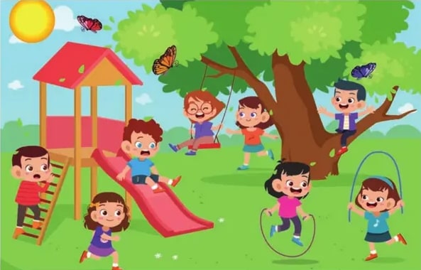 Ilustración de un parque infantil colorido con resbaladera, columpios y un árbol; varios niños sonrientes jugando, una niña saltando la cuerda, mariposas volando, sol brillante.