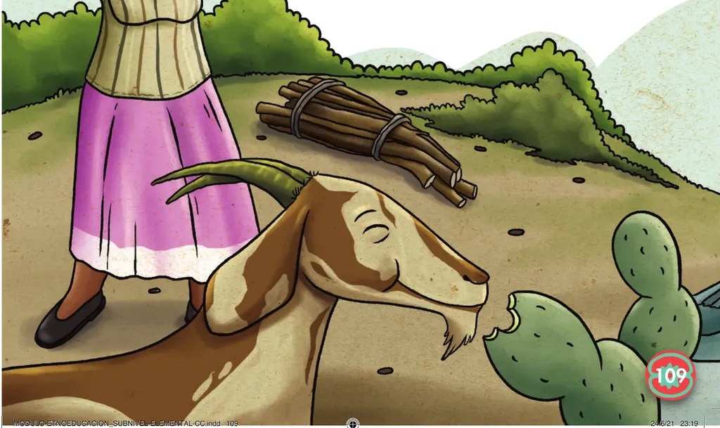 Ilustración de un chivo café/blanco con cachos en un paisaje rural.