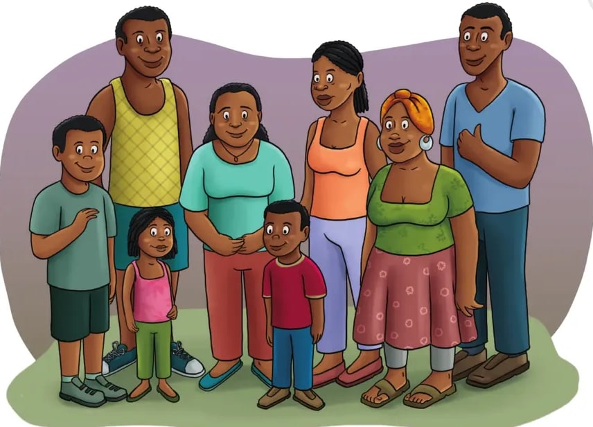 Ilustración de una familia afroecuatoriana extendida (varias generaciones, hombres, mujeres, niñas y niños) en actitud cálida, abrazándose.