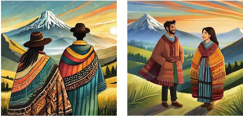 Pareja sudamericana con vestimenta tradicional colorida (poncho y vestido tradicional) en paisaje de montañas verdes.