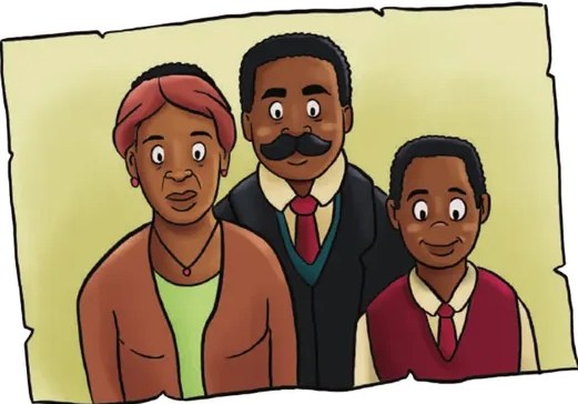 Ilustración de una familia afroecuatoriana sonriente: padre, madre y dos niños, en plano medio.
