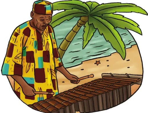 Ilustración de un hombre afroecuatoriano con turbante rojo, sentado junto a palmeras y un cocotero en lo que parece una playa o costa, evocando el territorio ancestral.