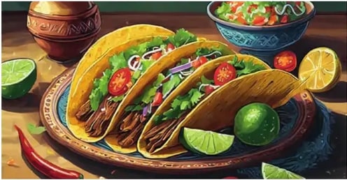 Ilustración de tres tacos con carne, lechuga, tomate, limón y cuencos de salsa al fondo.