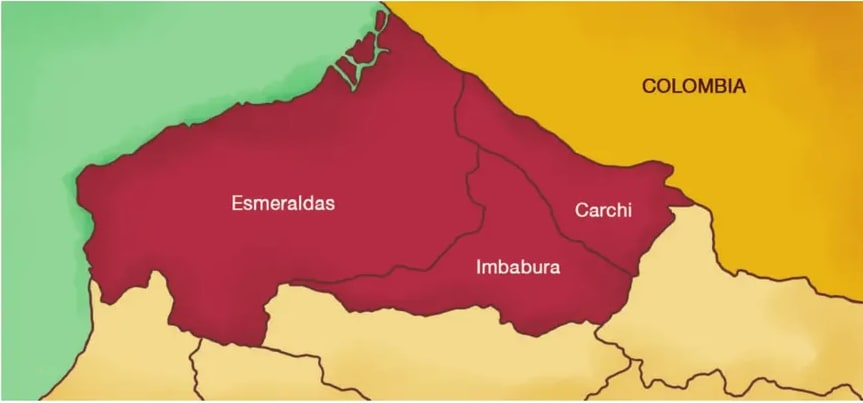Mapa con las provincias Esmeraldas, Carchi e Imbabura y la frontera con Colombia, destacando los territorios ancestrales afro.