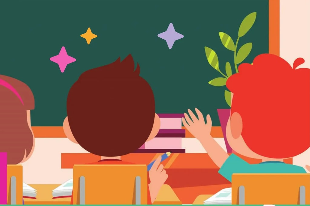 Vista trasera de dos estudiantes mirando una pizarra verde con plantas decorativas; uno con cabello rojo, otro con cabello marrón.