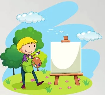 Ilustración tipo flat de un niño pequeño junto a un caballete con un cuadro (alusión a la infancia y vocación temprana del artista).