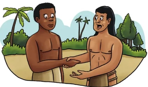 Ilustración de un encuentro entre un hombre afrodescendiente y un hombre indígena en una playa con palmeras, simbolizando la alianza tras el naufragio.