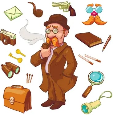 Ilustración de un detective adulto con monóculo y pipa rodeado de íconos (sobre, pipa, revólver, lupa, billetera, libro, llaves, binoculares, linterna).