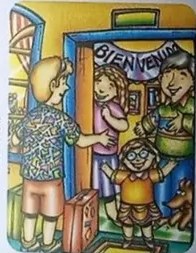 Ilustraciones de turistas con maletas y mapa.