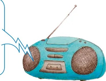Ilustración de una radio portátil azul con antena y ondas sonoras — representa el medio de comunicación radial del aviso modelo.