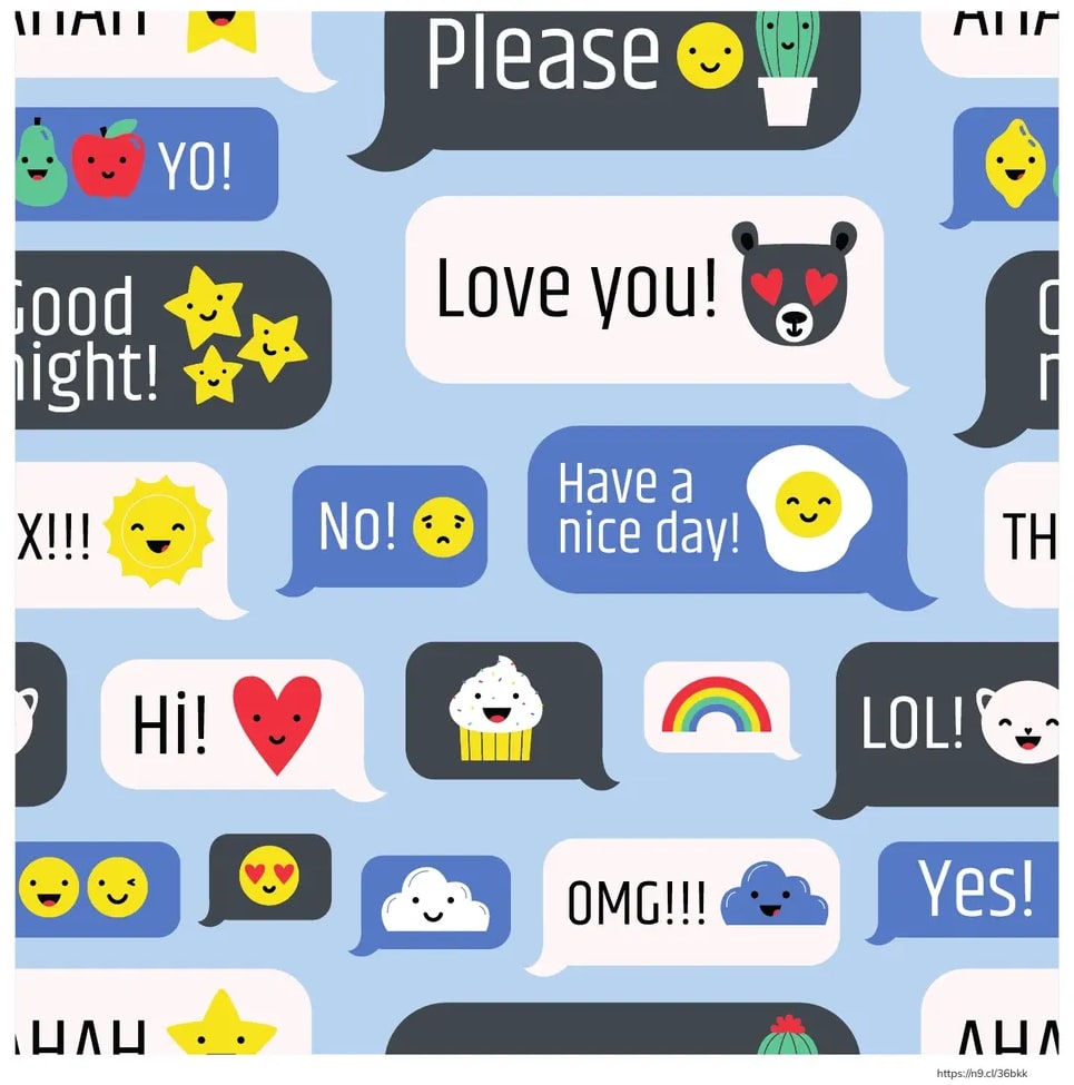 Collage de burbujas de mensajes que contienen distintos stickers: pera y manzana con 'YO!', estrellas con 'Good night!', cactus con 'Please', oso enamorado con 'Love you!', sol sonriente, huevo frito con 'Have a nice day!', corazón con 'Hi!', cupcake, arcoíris, oso polar con 'LOL!', emojis sonrientes y guiñando, nube con 'OMG!!!' y 'Yes!'.