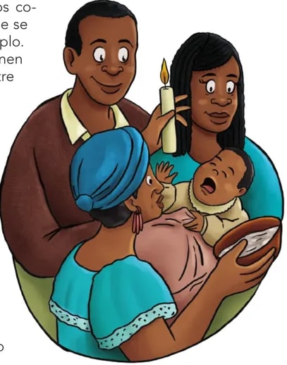Ilustración de una familia afroecuatoriana (madre, padre y dos niños) compartiendo alimentos, evocando el carácter colectivo de la gastronomía.