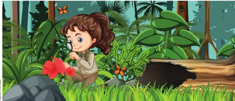 Ilustración de los amigos asombrados en un lugar lleno de plantas y flores tropicales, observando algo especial.