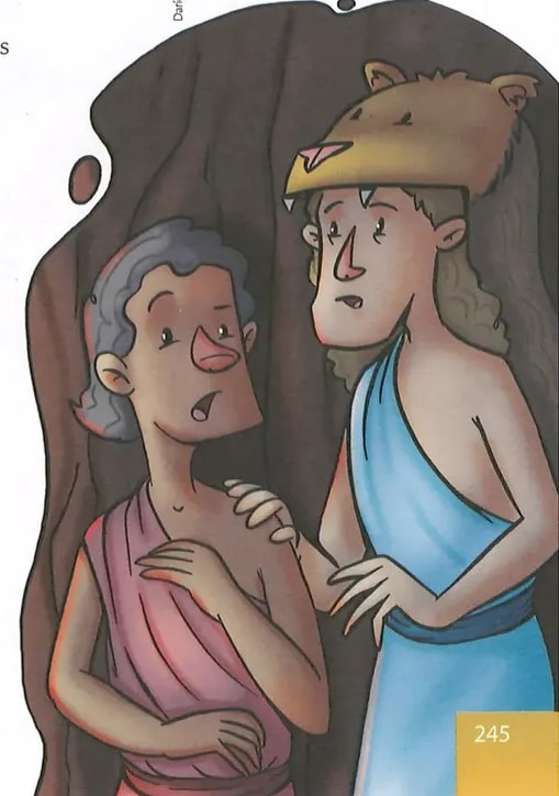 Ilustración a color de dos personajes vestidos al estilo clásico griego conversando: uno con piel/gorro animal (Heracles/Jantias) y otra figura femenina con túnica rosada (Criada)