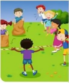 Ilustración de niños jugando rayuela y otras actividades al aire libre representando la Unidad 3.