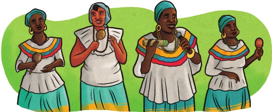 Ilustración de un grupo de cantoras afroecuatorianas con vestimenta colorida cantando.