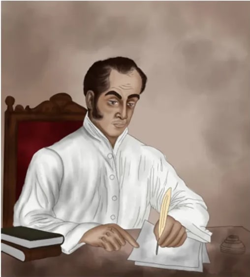 Retrato ilustrado de Simón Bolívar firmando un documento.