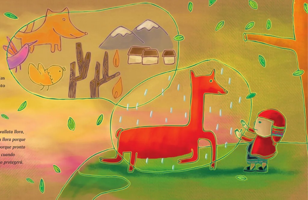 Burbuja redonda verde que muestra los recuerdos/visión de la taruca: un zorro naranja, un colibrí rosado, un pájaro amarillo (wallata), cactus y troncos quemados con llamas, montañas nevadas al fondo y una casa andina de adobe. Todo enmarcado en línea verde continua.