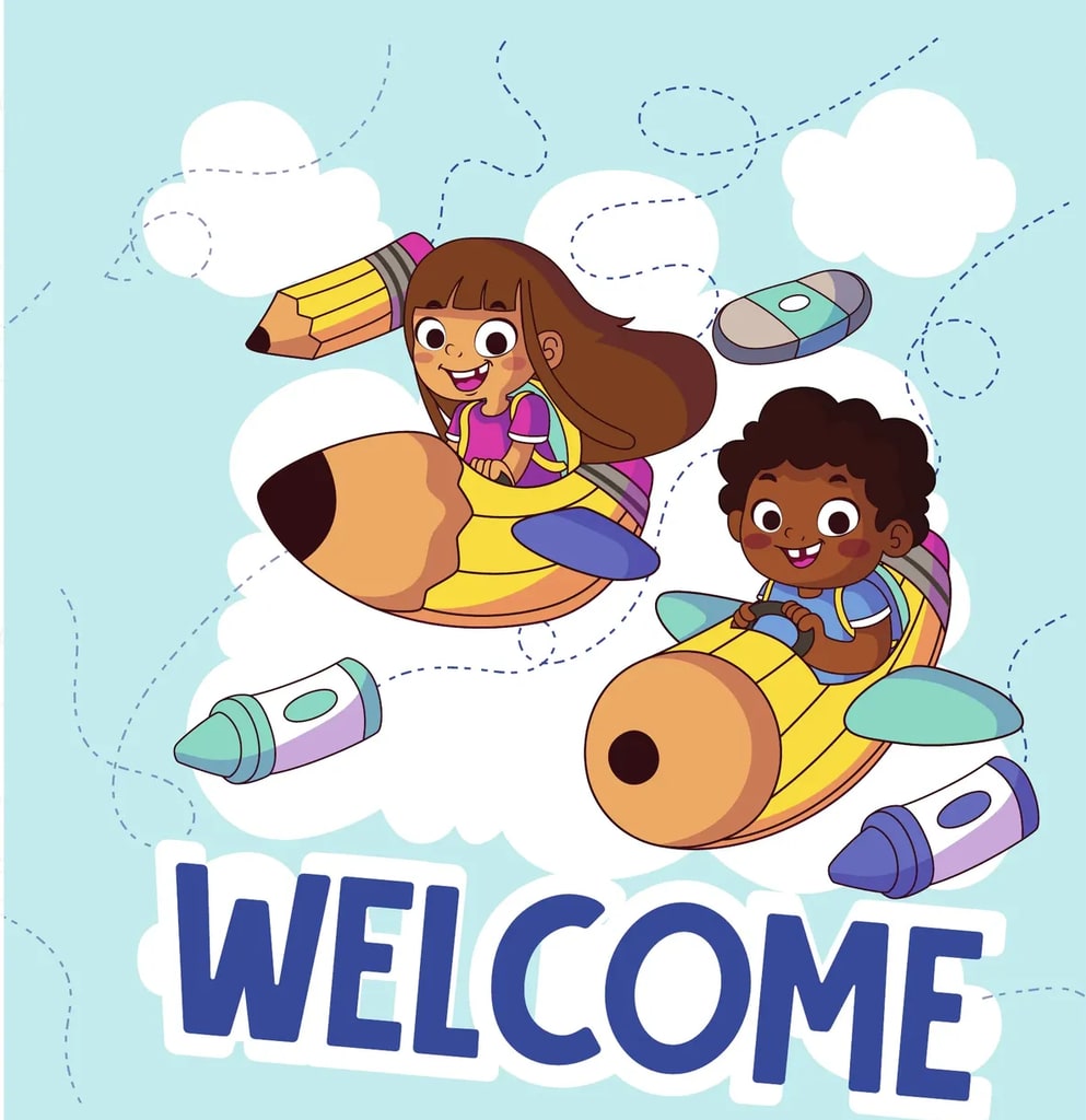 Ilustración de una niña con cabello castaño volando sobre un lápiz amarillo y un niño volando sobre un crayón amarillo, con goma de borrar y crayones de colores flotando en un cielo con nubes.