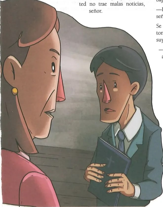 Ilustración que muestra a la señora White y a un hombre de pie (el visitante de la empresa Maw & Meggins) en una sala. La señora White aparece angustiada. La ilustración captura el momento de tensión dramática del relato.