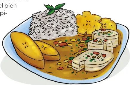 Ilustración de una familia afroecuatoriana (madre, padre y dos niños) compartiendo alimentos, evocando el carácter colectivo de la gastronomía.