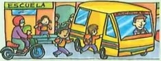 Ilustración de niños en patio escolar rural y plano del barrio con calles (Calle Caminito, Calle San Cosme, Calle Rosedal).