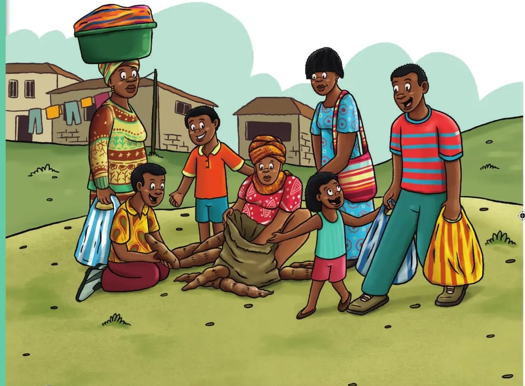 Ilustración de una familia afroecuatoriana en un patio comunitario: una mujer carga un recipiente sobre la cabeza, niños sentados alrededor de un fogón con leña, otros personajes adultos y casas de la comunidad al fondo.