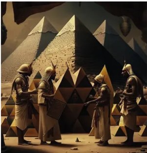 Ilustración de Mesopotamia con zigurat y figuras humanas.
