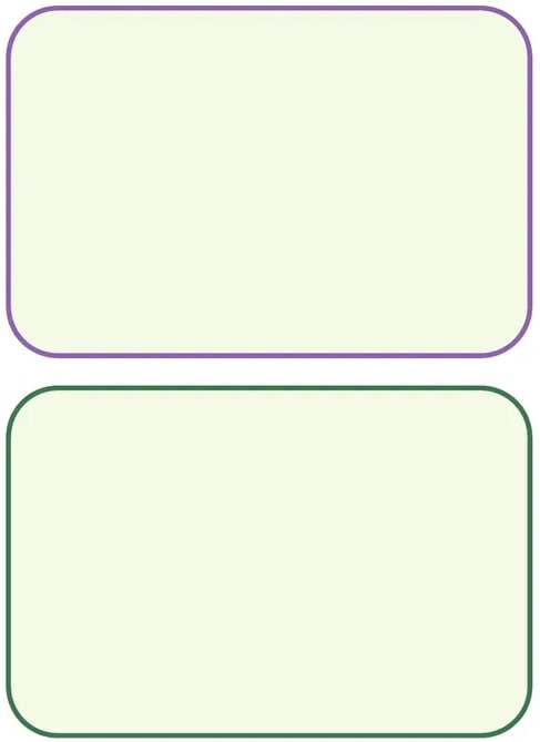 Dos recuadros redondeados grandes en blanco (uno con borde morado, otro con borde verde) y dos óvalos en blanco más pequeños para que el estudiante complete pregunta y respuesta.