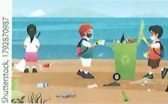 Fotografía de tres niños recogiendo basura (botellas plásticas) en una playa, representando cuidado ambiental.