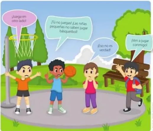 Cancha de básquet con cuatro niños y diálogos de exclusión e inclusión.