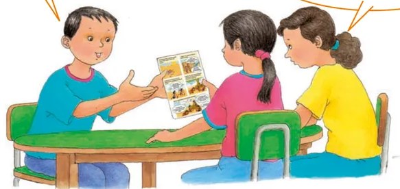 Ilustración de tres estudiantes sentados alrededor de una mesa, uno de ellos sostiene un libro con ilustraciones. Dos globos de diálogo muestran su conversación sobre mitos y leyendas peruanos.