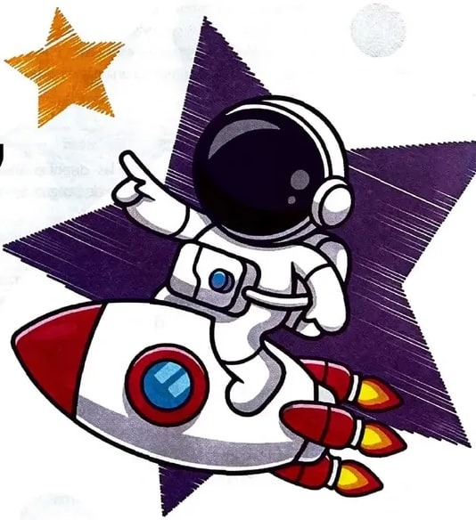 Ilustración de un astronauta junto a un cohete amarillo, simbolizando el viaje hacia el conocimiento.