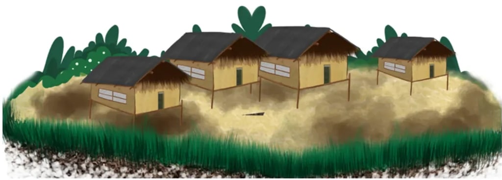 Ilustración de un palenque: chozas con techo de paja en una pequeña loma con vegetación.