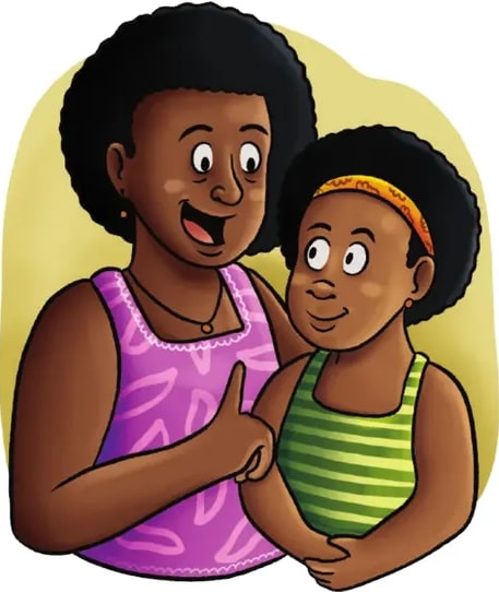 Ilustración cariñosa de una madre afroecuatoriana joven con peinado afro, blusa rosa y morada con detalles geométricos, abrazando a una niña afro de cabello afro y vincha amarilla con camiseta verde a rayas. Las dos sonríen mirando al frente, ilustrando el rol socializador de la madre.
