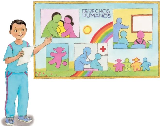 Ilustración de Mateo, un niño con mochila azul, señalando un panel o cartelera titulada 'Derechos Humanos' que contiene varias escenas ilustradas: una familia con bebé, un arcoíris, un médico atendiendo a un niño, un maestro frente a alumnos, y un grupo de niños en comunidad.