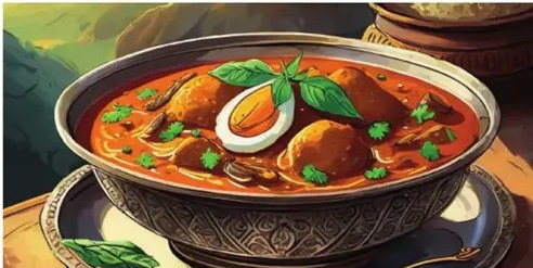 Ilustración de un caldero con ropa vieja, pimientos rojos y verduras.