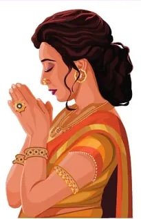 Mujer india con sari rojo y joyas haciendo el saludo Namaste con las palmas juntas.