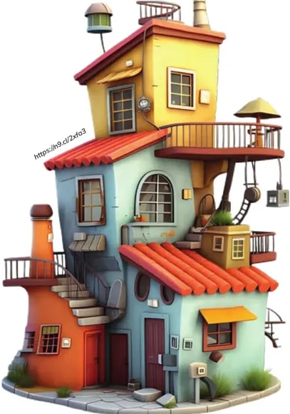Casa colorida estilo caricaturesco/fantasía con múltiples niveles, balcones, ventanas y colores brillantes (representa la India).