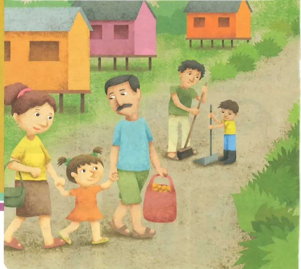 Ilustración de una familia caminando por un sendero rural: madre con cartera, niña pequeña, padre con canasta, joven y niño barriendo el camino, junto a casas de colores sobre pilotes (típicas de la Costa).