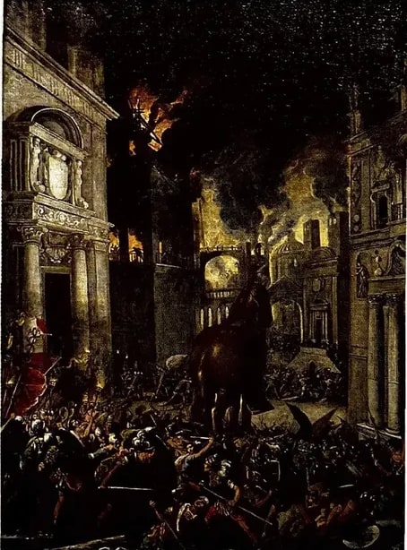 Pintura clásica que representa la entrada del caballo de Troya a la ciudad o la caída de Troya.