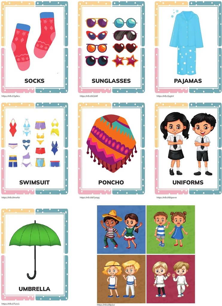 Tres tarjetas: SWIMSUIT (variedad de trajes), PONCHO (con flecos coloridos), UNIFORMS (dos niños uniformados).