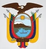 Círculo grande blanco con el escudo del Ecuador y el texto 'Ministerio de Educación'.