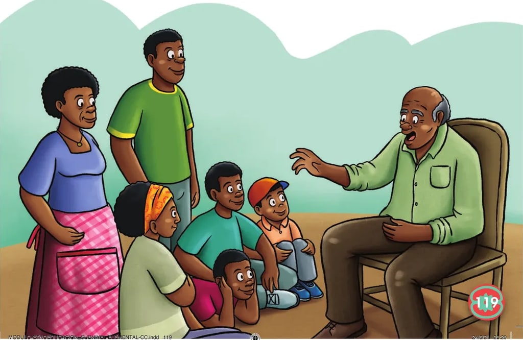 Ilustración familiar de transmisión oral: un hombre mayor afro sentado en sillón con audífonos cuenta a una familia compuesta por una mujer joven con falda larga, un hombre joven con camiseta verde, una niña con turbante amarillo y un niño con camiseta naranja. Es la misma escena de transmisión generacional vista en la apertura del grado (p. 111).