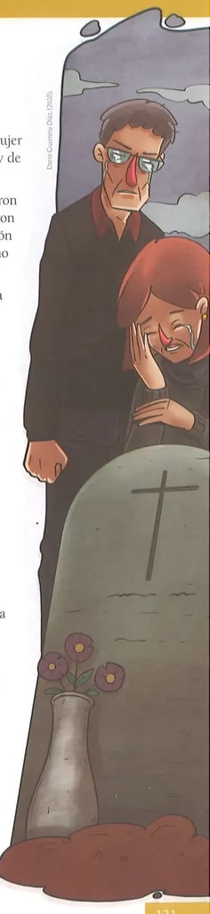 Ilustración a color que muestra a los señores White llorando junto a una tumba con una cruz, rodeados de flores moradas. El señor White aparece con anteojos y expresión de profundo dolor. La señora White llora cubriéndose la cara. La escena transmite el duelo y la desolación del relato.